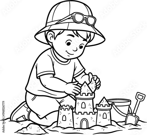 Little boy building sand castle beach.