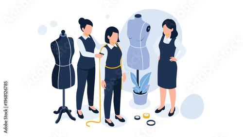 Professional seamstresses measuring a woman for custom clothing near sewing mannequins in a bright and modern tailoring workshop.