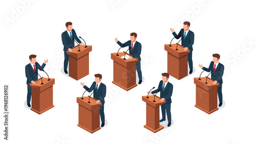 Several businessmen in formal suits speaking at individual podiums arranged for a political debate or corporate conference event.
