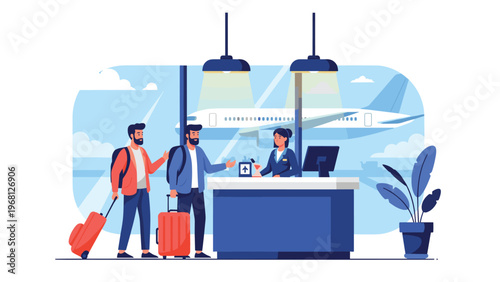 Two male travelers with suitcases checking in at an airport counter with a helpful female attendant and plane in the background.