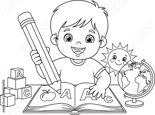 Little boy learning with book.