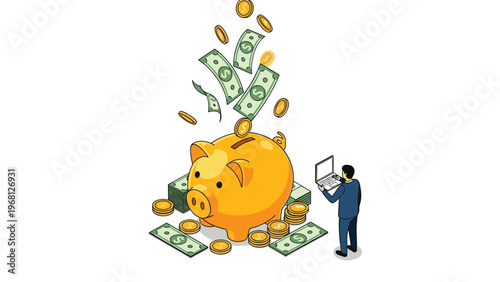 Successful businessman uses a laptop while standing next to a giant piggy bank as money coins and bills fall inside for savings.