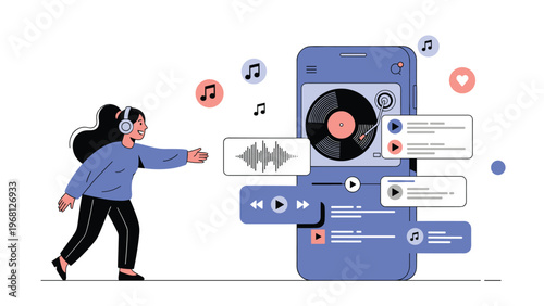 Happy woman wearing headphones listens to her favorite songs via a mobile app featuring a classic vinyl record player interface.