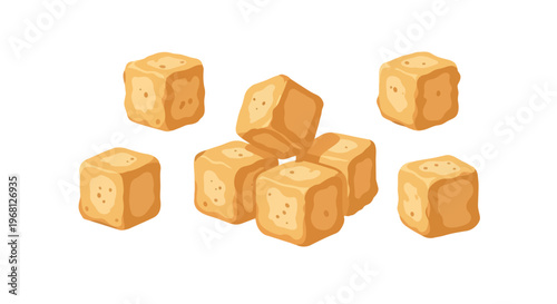 Golden-brown fried tofu cubes: a savory plant-based snack or appetizer illustration.