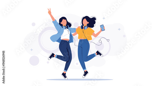 Two joyful young female friends jump in the air while listening to music through headphones and holding a smartphone together.
