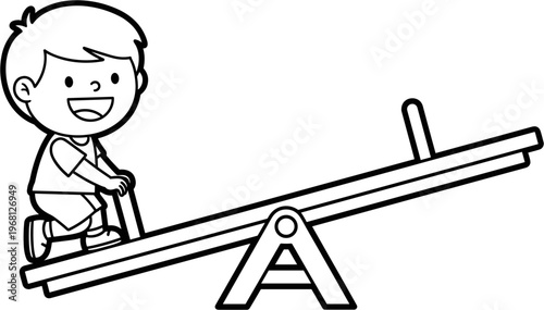 Little boy playing on seesaw outdoors.
