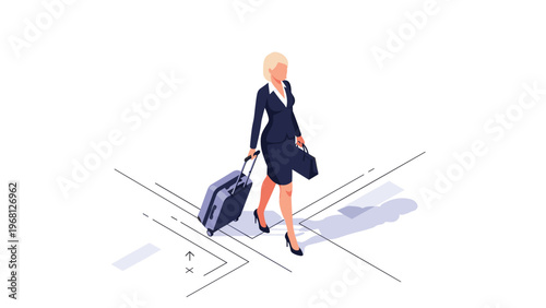 Elegant blonde businesswoman in a navy suit travels for work while pulling a rolling suitcase and carrying a professional handbag.