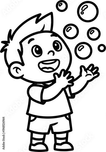 Little boy playing with bubbles outside.