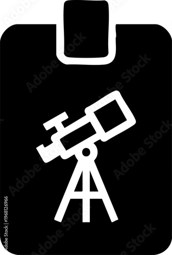 White telescope on tripod silhouette against black background, science and astronomy icon.