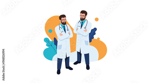 Two professional male doctors in white laboratory coats with stethoscopes stand confidently with their arms crossed against a background.