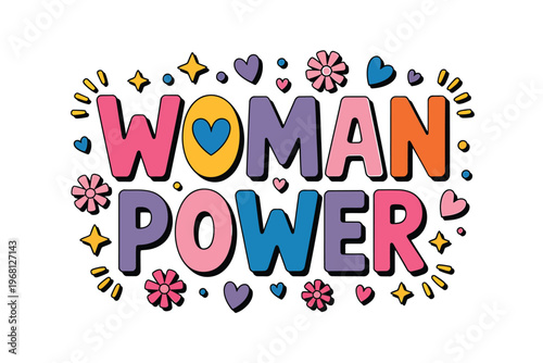 Colorful illustration displaying the words woman power with floral elements