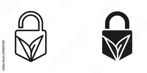 Contrast of open and closed padlocks with abstract leaf emblem designs