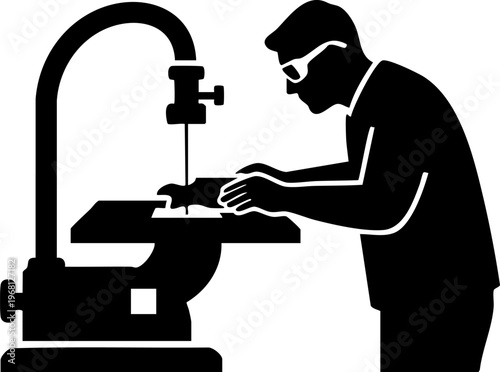 Woodworking craftsman using bandsaw machine for detailed cutting and shaping wood.