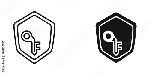Contrast of angular shields featuring a key icon in white and black color schemes