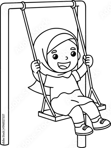 Little girl wearing headscarf on swing.