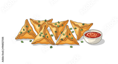Appetizing triangular savory pastries garnished with fresh green onions and a flavorful dipping sauce