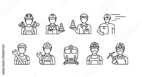 worker, construction, airport, delivery, railway, mining, tools, helmet, engineer, staff, job, occupation, professional, uniform, role, labor, workforce, industry, safety, equipment, line, vector, ico