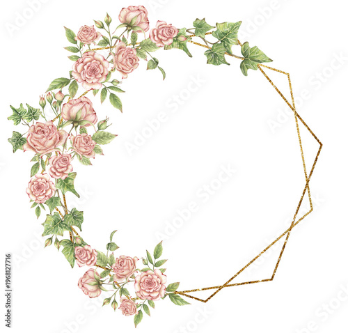 Watercolor golden frame with delicate pink roses illustration, florals arrangement, wedding invitation, save the date