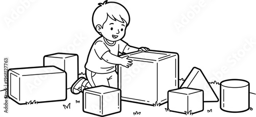 Toddler playing with wooden blocks.