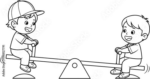 Two boys playing on seesaw outdoors.