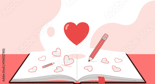 Drawing Love: Open Book with Hearts, Pencil, and Red Heart Icon