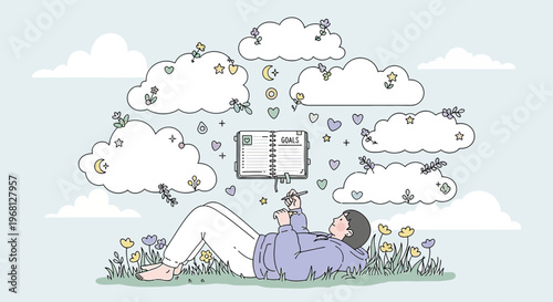 Dreaming of Goals: Person Lying in Clouds, Writing in Notebook