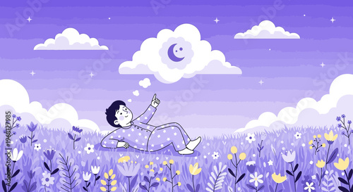Dreamy Boy Lying in Field of Flowers Under Starry Sky