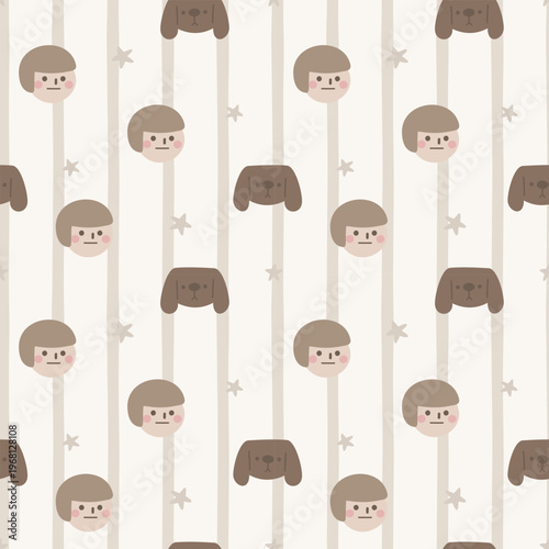seamless minimal cute boy and dog, Pastel Nursery repeat pattern background, flat vector illustration graphic design