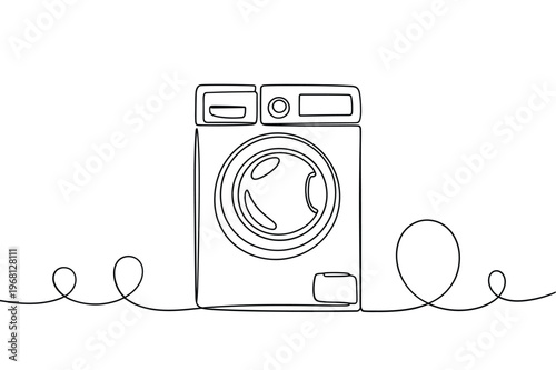 Minimalist line drawing depicts a front loading washing machine appliance