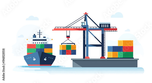 Container cargo ship and crane loading.