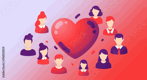 Diverse People Around Big Red Heart Symbol Vector Illustration