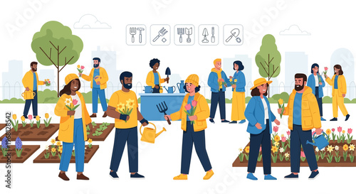 Diverse People Gardening Together, Spring Bloom, Community Garden, Floral Illustrations
