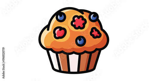 A delightful cartoon muffin illustration featuring vibrant blueberries and red berries in a striped wrapper for bakery marketing and sweet graphic