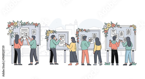 Diverse Team Collaborating on Bulletin Boards with Floral Decorations