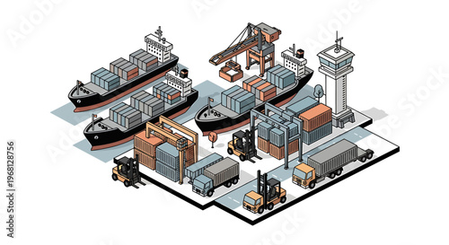 Cargo ships and industrial port facilities.