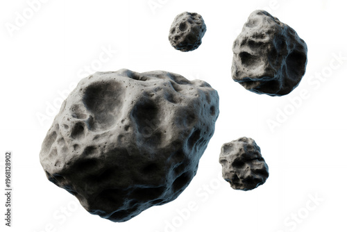 Four gray asteroids floating in space with white background rocks