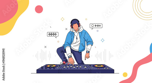 DJ playing music on a console, modern flat illustration, party concept