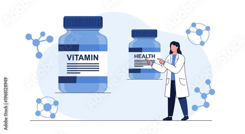 Doctor Explains Vitamin and Health Supplements with Molecular Structure Background