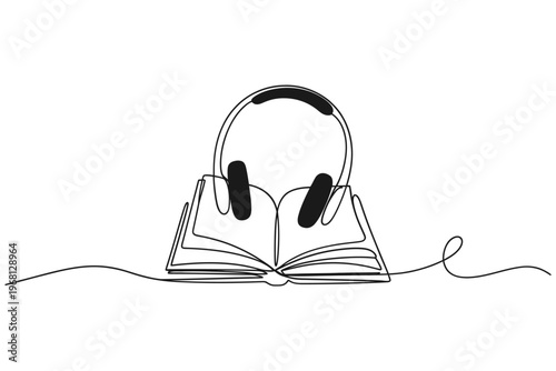 Line art illustration of headphones resting on an open book