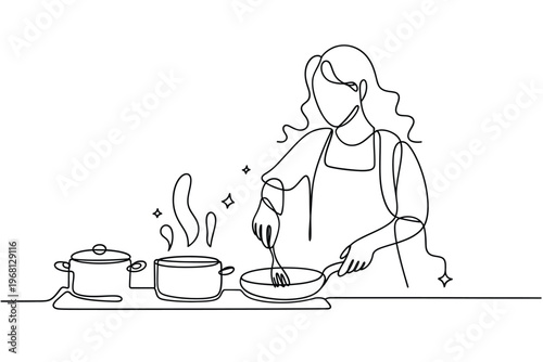 A single line drawing of a woman cooking in the kitchen