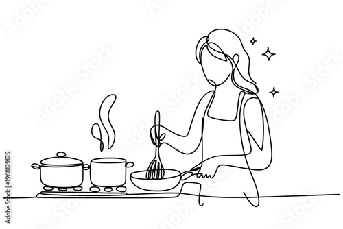 Line drawing of a woman cooking in the kitchen with pots and pans