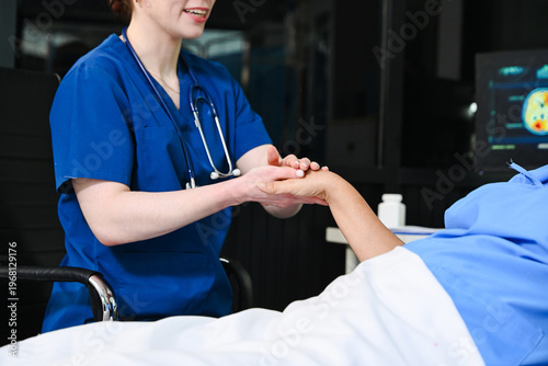 A professional nurse provides care and support to an elderly Asian woman in a hospital bed, representing geriatric healthcare, patient comfort, and medical wellness services.