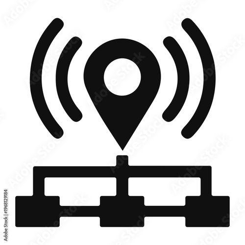 A location pin icon with signal waves on a mechanical device