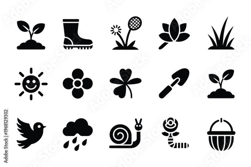 Black silhouette icons depicting various elements of gardening and nature