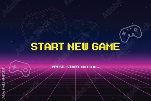 start new game. Pixel art 8-bit. Modern trendy game background with lighting effect. for game assets in vector illustrations.