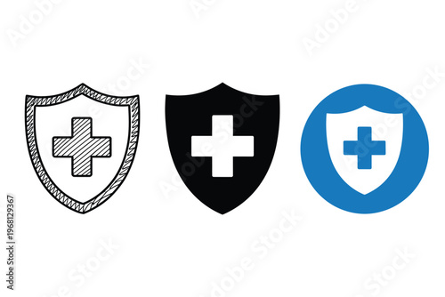 Three shield icons with a medical cross in varying styles and colors
