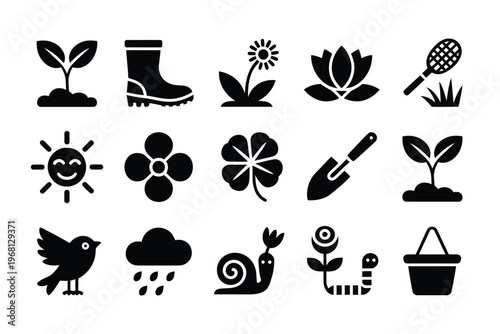 Black silhouette icons depicting various gardening and springtime elements