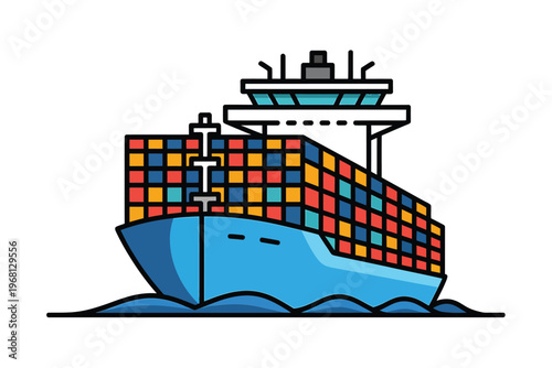Colorful cargo ship illustration with stacked containers on the water