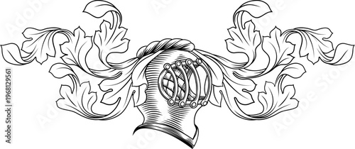 A knights helmet coat arms medieval crest heraldry crest medieval heraldic filigree floral design element pattern design in a vintage etching woodcut style