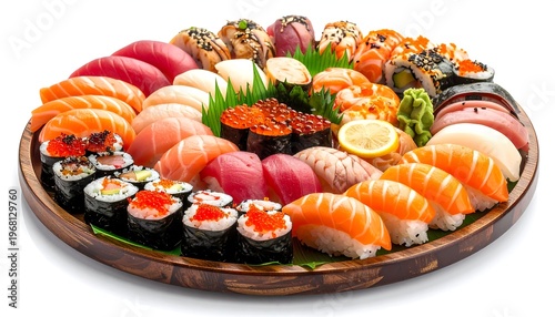 A large, round wooden platter overflowing with an assortment of colorful sushi rolls and nigiri, beautifully arranged